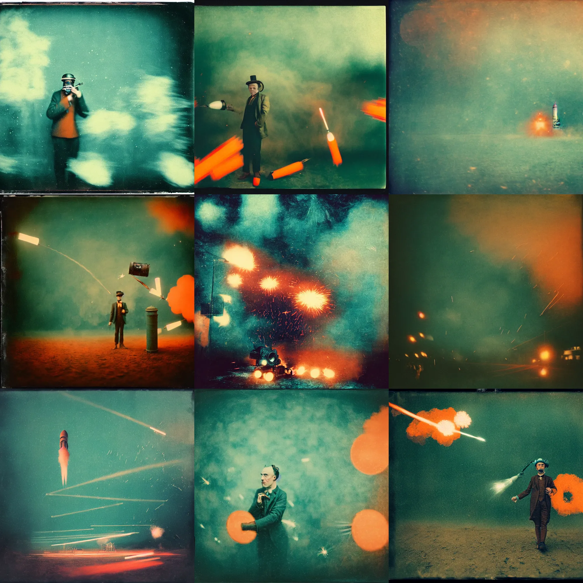 Prompt: kodak portra 4 0 0, wetplate, muted colours, teal orange, 1 9 1 0 s style, motion blur, portrait photo of a backdrop, explosions, rockets, bombs, sparkling, stargazer, snow, fog, steampunk, by georges melies and by britt marling