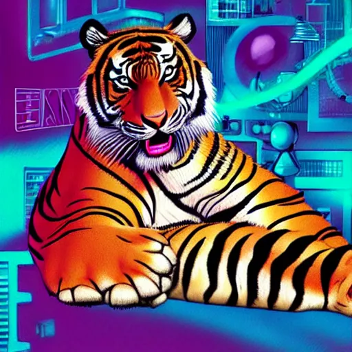 Image similar to A tiger in a lab coat with a 1980s Miami vibe, turning a well oiled science content machine, digital art