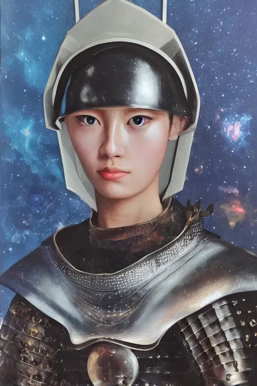 Image similar to hyperrealism oil painting, close-up portrait of medieval fashion model, knight, steel gradient mixed with nebula sky, in style of baroque mixed with 70s japan book art