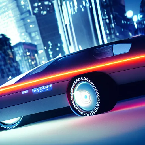 Image similar to deep perspective, the background is a cyber city sharp photorealistic octane render, bokeh in the background, a futuristic curvy neon delorean hover in the foreground,