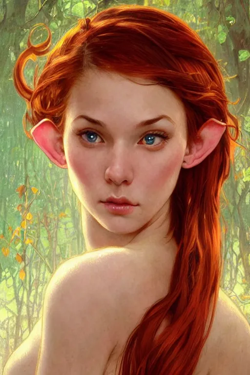 Image similar to alluring closeup portrait of beautiful elf girl with red hair, very detailed face and ears, realistic, tarot card, by Stanley Artgerm Lau, greg rutkowski, thomas kindkade, alphonse mucha, loish, norman rockwell J.