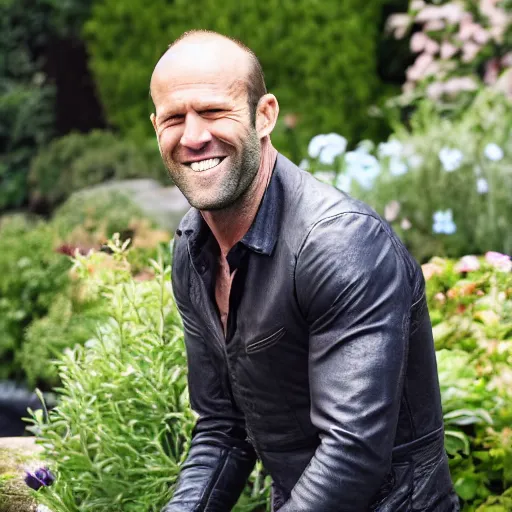 Prompt: professional photograph of Jason Statham smiling in a garden