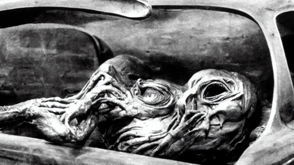 Prompt: the creature sits in a car, made of wax and metal, film still from the movie directed by David Cronenberg with art direction by Salvador Dalí, wide lens