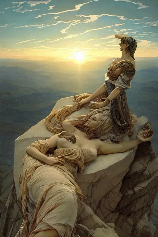 Prompt: an ultradetailed colossal magnificent stone sculpture carved from the top of a massive mountain of an elegant woman lying down with a hand raised to the sky, fine detail, sunrise on the horizon in the background, stone hand raised up, 8 k, art by greg rutkowski and alphonse mucha and andreas rocha and albert bierstadt