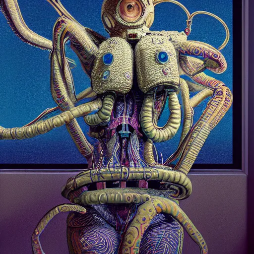 Prompt: portrait of a squid monster astronaut, in a 1970s livingroom , full body portrait, well lit, intricate abstract. cyberpunk, intricate artwork, by Tooth Wu, wlop, beeple. octane render, trending on artstation, greg rutkowski very coherent symmetrical artwork. cinematic, hyper realism, high detail, octane render, 8k, minimalistic, hyperrealistic surrealism, award winning masterpiece with incredible details, a surreal vaporwave liminal space, highly detailed, trending on ArtStation