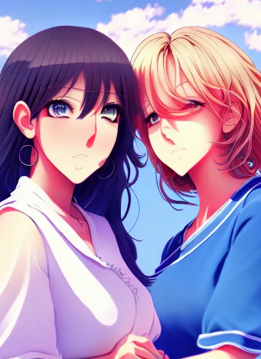 Image similar to two beautiful mature women under a blue sky, casual summer clothes, gorgeous faces, thick lines, cinematic lighting, detailed anime art