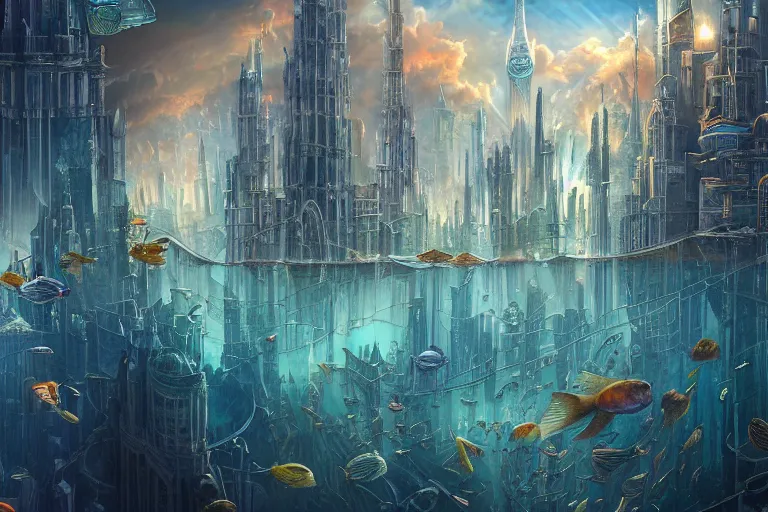 Prompt: an epic landscape view of a vast underwater metropolis, with glowing windows, towers, spires, parapets, balconies, bridges, glass, marble, chrome, with colorful fish, painted by tyler edlin, close - up, low angle, wide angle, atmospheric, volumetric lighting, cinematic, very realistic, highly detailed digital art