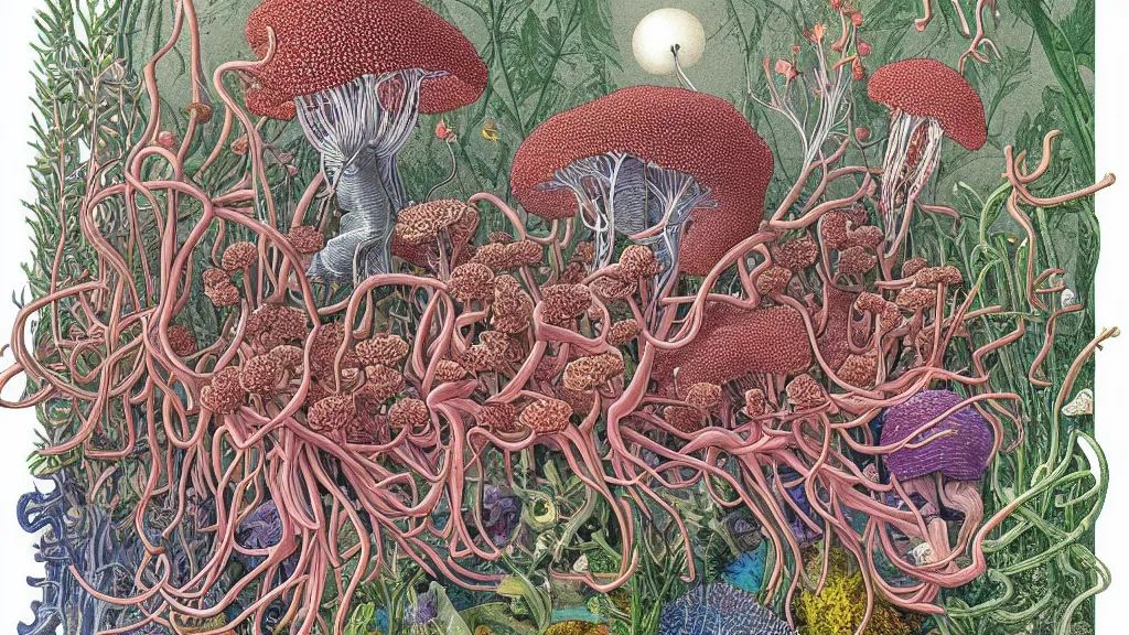 Image similar to highly detailed illustration human anatomy with all the known species of plants, flowers, corals, mushrooms and jellyfish by juan gatti, by moebius!, by oliver vernon