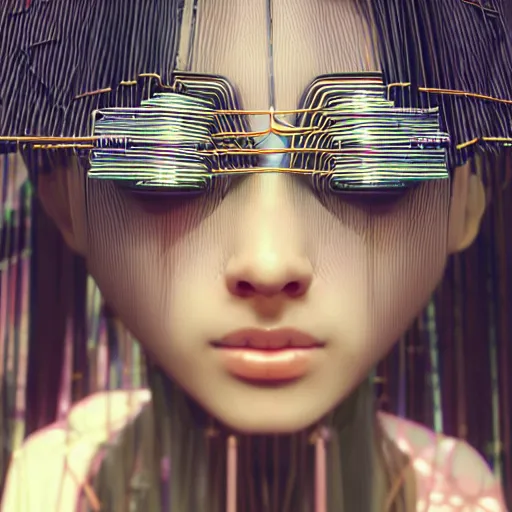 Image similar to piles of modular synth cables mixed with mangrove roots, kawaii puerto rican goddess staring through your soul wearing a headpiece made of circuit boards, by makoto shinkai, masamune, and stanley kubrick, unique perspective, eastman color, trending on artstation, cinematic, 3 d render, photorealistic