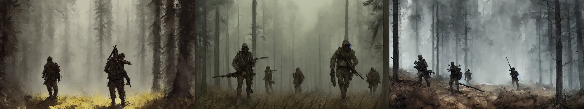 Prompt: close up of a sneaking man, armed group of soldiers patrolling in a forest, papyrus, watercolored, jakub rozalski, dark colours, dieselpunk, artstation