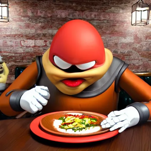 Prompt: robotnik eggman having a nice dinner at a rustic italian restaurant with his robots