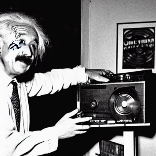 Image similar to color photograph of Albert Einstein DJing a record player at a nightclub, color photograph, color photograph