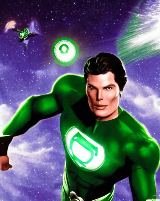 Prompt: photos of actor Christopher Reeve as a Green Lantern soaring thru outer space, photogenic, spit-curl in hair, particle effects, photography, studio lighting, cinematic, photorealistic, trending artstation