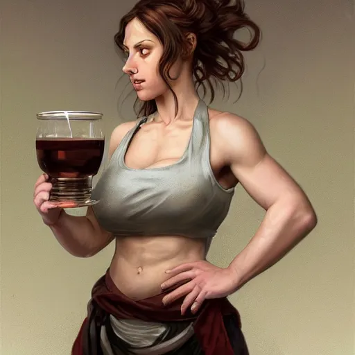 Prompt: Epic portrait, an muscular waitress serving a drink, Brown hair flow, pretty, glossy skin, digital painting, artstation, concept art, soft light, hdri, smooth, sharp focus, illustration, fantasy, intricate, elegant, highly detailed, D&D, matte painting, in the style of Greg Rutkowski and Alphonse Mucha and artemisia, 8k, highly detailed, jurgens, rutkowski, bouguereau, pastoral, rustic, georgic