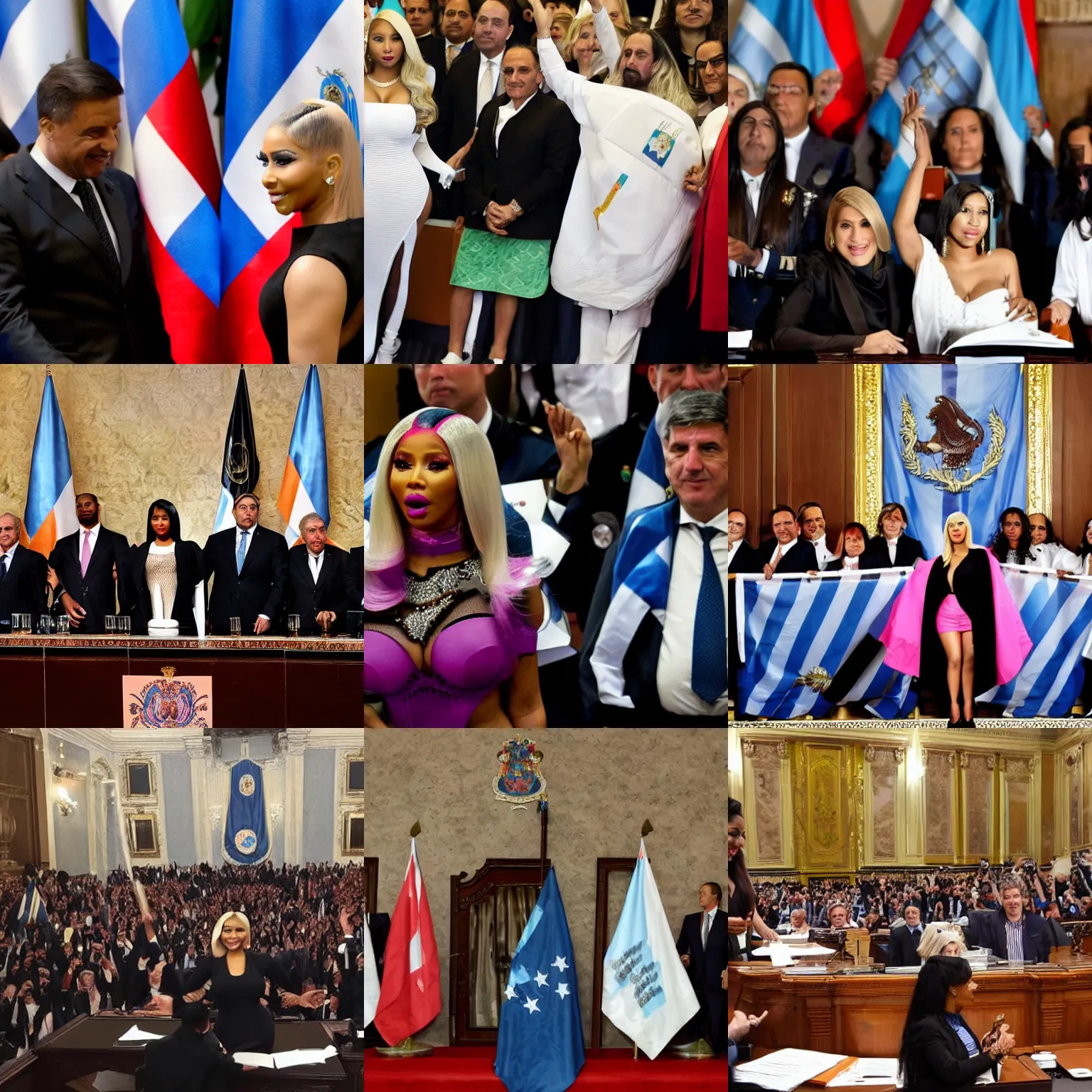 Image similar to Nicki Minaj president of Argentina, in the Argentine Congress, flags of Argentina behind