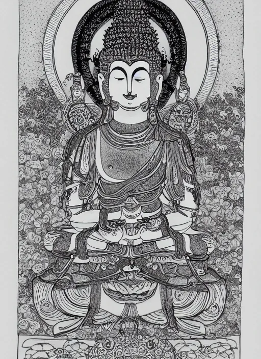 Prompt: detailed pen and ink illustration of a Buddhist bodhisattva with a bears head, anthropomorphic, all drawn with micron, seated in royal ease, 0.2 black micron pen on white paper, highly detailed, fine pen work, white background, in the style of Olivia Kemp