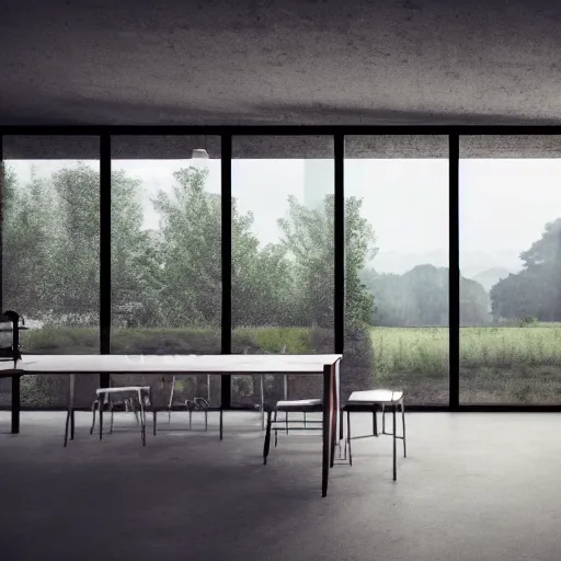 Prompt: brutalist open kitchen, big windows, showing trees landscape on background, minimalist architecture, minimalist furniture, octane render, high quality, 8 k, post production