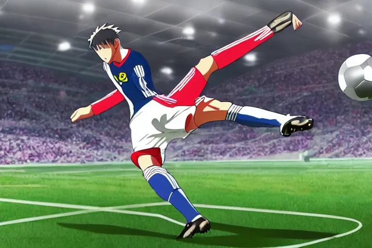 Prompt: anime soccer player scores goal with bicycle kick, hyperrealism