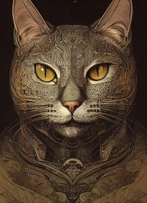 Image similar to geometric cat portrait, identical eyes, medium shot, fantasy, illustration, detailed line work, symmetrical, acid vintage color palette, artstation, hyper detailed, cinematic lighting, incredibly detailed and intricate, ornate, by peter mohrbacher