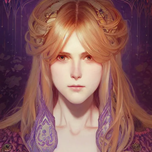 Prompt: portrait of a beautiful cute blonde violet evergarden with big red eyes, dark fantasy, intricate, elegant, highly detailed, digital painting, artstation, concept art, smooth, sharp focus, illustration, art by artgerm and greg rutkowski and alphonse mucha