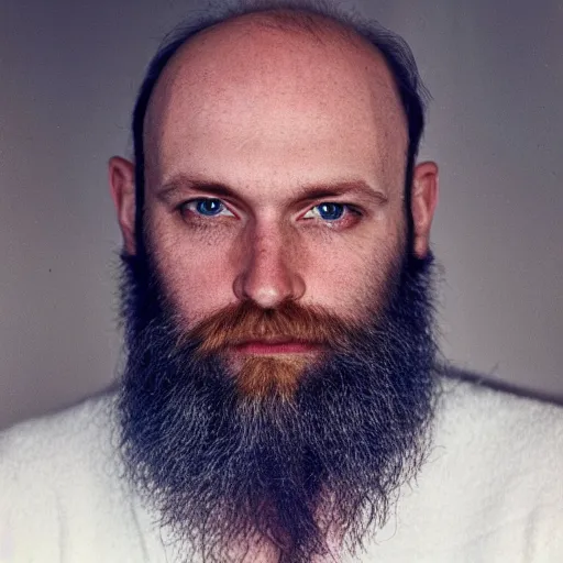 Image similar to photograph of a balding, bearded middle aged blond man, with dark blue eyes, and very pale skin