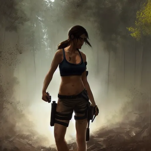 Image similar to photo of lara croft cuffed arrested by cops in a forest, 8 k, by greg rutkowski, artgerm,