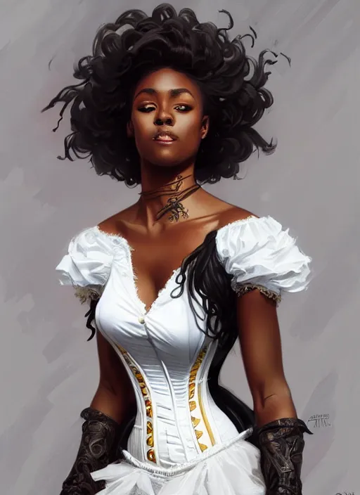 Image similar to cute black woman wearing a white corset dress, fantasy, intricate, highly detailed, digital painting, artstation, concept art, wallpaper, smooth, sharp focus, illustration, art by artgerm and greg rutkowski and alphonse mucha