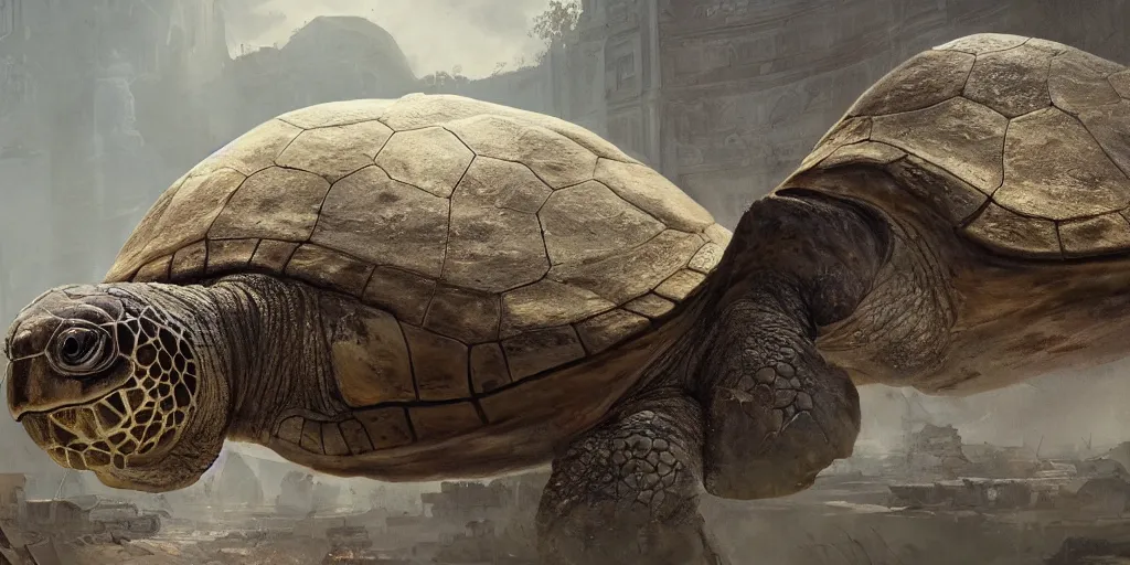Prompt: huge ancient turtle with an abandoned city built on its shield, greg rutkowski, 8 k, shallow depth of field, intricate detail, concept art,