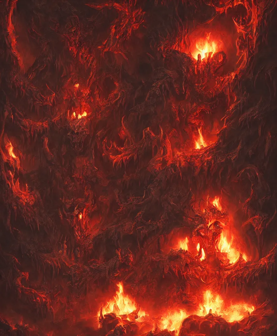 Prompt: hyper realistic devil on entrance of hell on fire ans skulls, art by greg rutkowski, intricate, ultra detailed, photorealistic, vibrante colors, trending on artstation, octane render, 4 k, 8 k