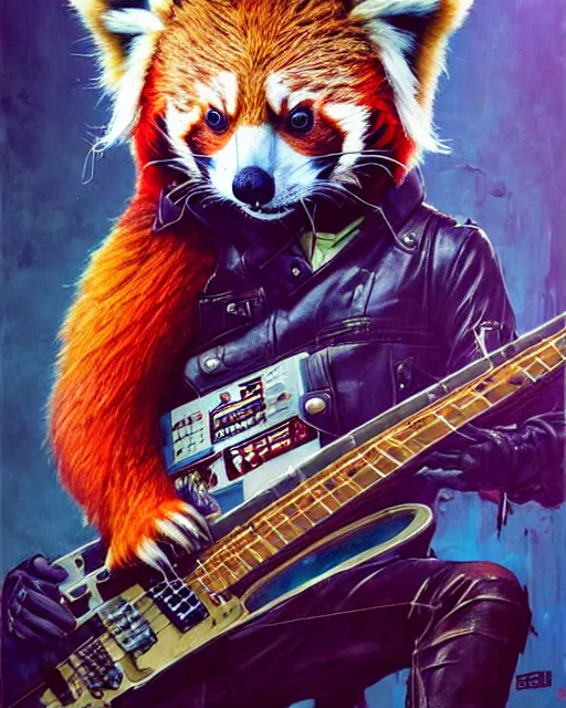 Image similar to a portrait of an anthropomorphic cyberpunk red panda shredding an electric guitar by sandra chevrier, by jon foster, detailed render, electric guitar, epic composition, cybernetics, 4 k realistic, cryengine, realistic shaded lighting, sharp focus, masterpiece, by enki bilal