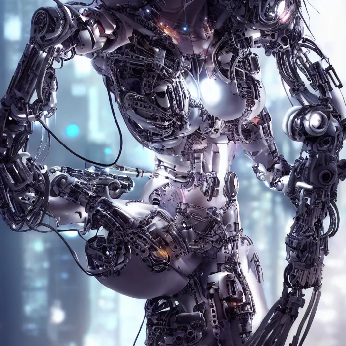 Prompt: Ultra realistic full shot of a cyborg woman under repair ,with mechanical arms that fix, cable, laser for fix arm, it,cyberpunk,sci-fi, fantasy,Kodak , colour led, soft light, volumetric lighting ,night, intricate, elegant, highly detailed, digital painting, artstation, concept art, smooth, sharp focus, illustration,art by artgerm and greg rutkowski and alphonse mucha