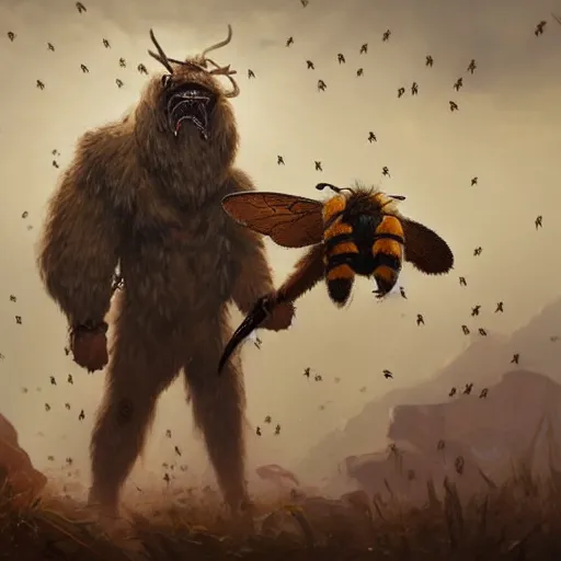 Image similar to a Hunter from Stone Age, Primal surrounded by bees Greg Rutkowski and Raymond Swanland, Trending on Artstation, cloudy background, ultra realistic digital art