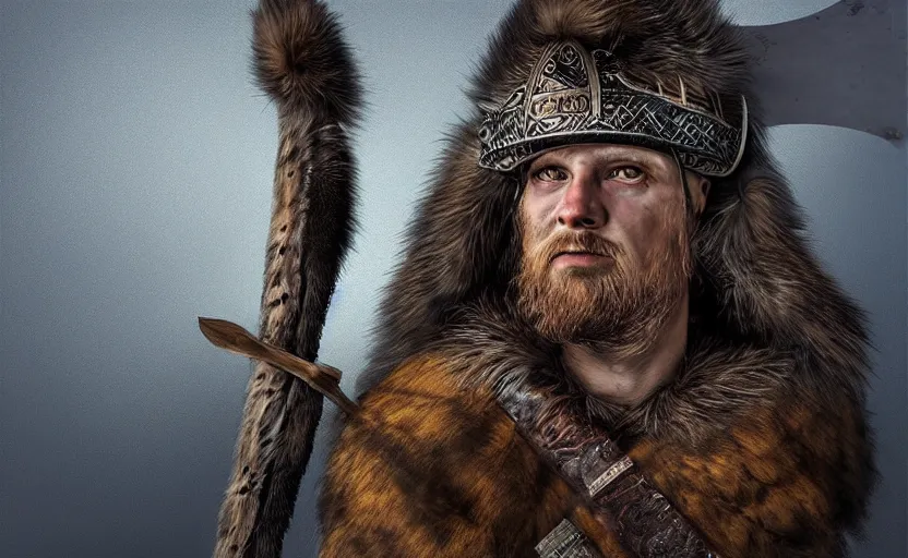 Image similar to “portrait of a Viking warrior princes with war paint wearing a fur pelt wielding a large double sided ax, by igor morski, by Dan Mumford, by Wes Benscoter, 4K resolution, hyper detailed, photo realistic, realistic shadows, volumetric lighting, portrait, 3D, rendered in octane, zbrush”