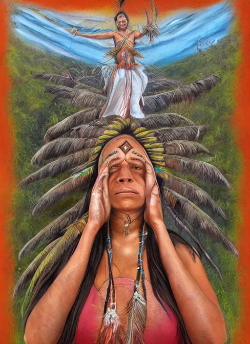 Prompt: a beautiful painting of an indigenous woman seen from behind, holding up her arms to the sky, full body, matte painting, fantasy art, ayahuasca, highly detailed