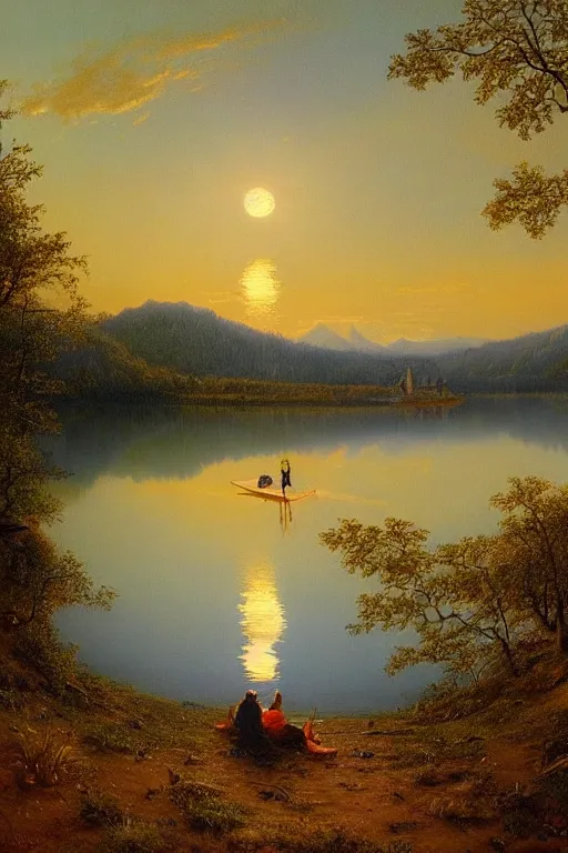 Image similar to fork lake, painted by darrell k. sweet and edd cartier, trending on artstation, moon light fish eye illustrator, bokeh, magic realism, dutch golden age, expressionism