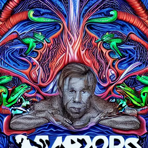 Image similar to Alex Jones turning thousands of frogs gay. Super resolution. Award winning illustration art in the style of Alex Grey