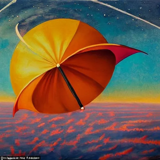 Prompt: giant umbrella in space is blocking the sun, seen from earth, art deco painting