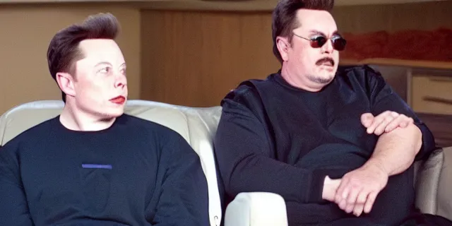 Image similar to scene with bald elon musk in a tracksuit in trailer park boys