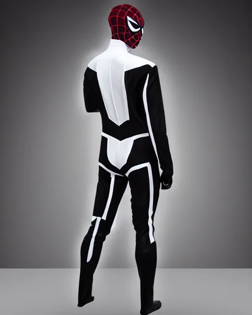 Prompt: black and white cyberpunk spiderman suit sleek suit