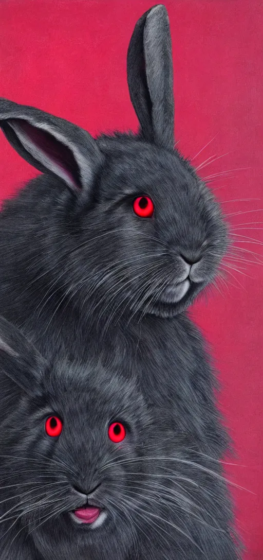 Image similar to portrait of neon fur rabbit with red eyes and a machine gun , 8k, highly detailed, sharp, realistic, in style of Brom