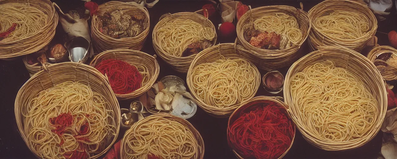 Image similar to 1 7 th century ocean trade of, spaghetti in baskets, canon 5 0 mm, kodachrome, in the style of wes anderson, retro