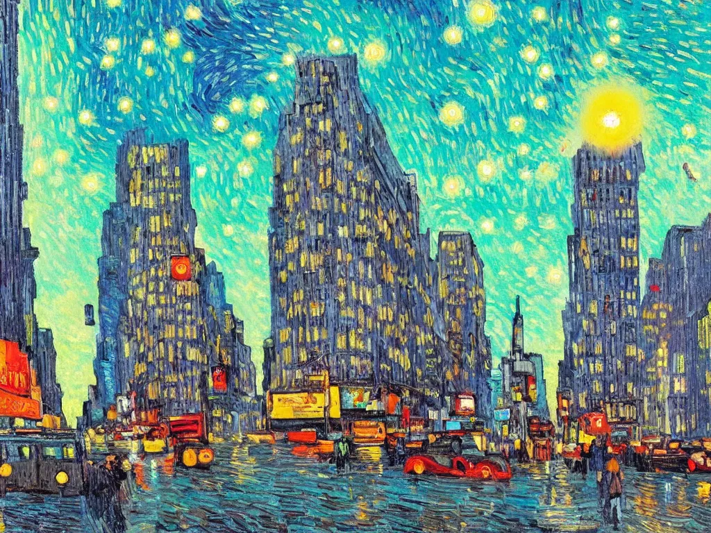 Prompt: bright beautiful oil painting of flying saucers invade new york city in 2 0 1 9, light scatter, van gogh