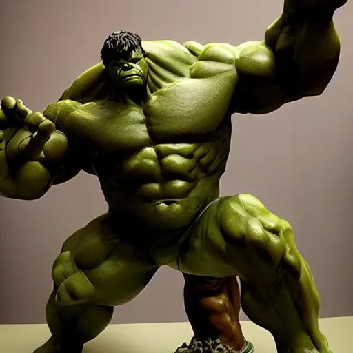 Prompt: The Hulk, a bronze sculpture by Guillermo del Toro, featured on deviantart, antipodeans, movie still, ultra detailed, shiny