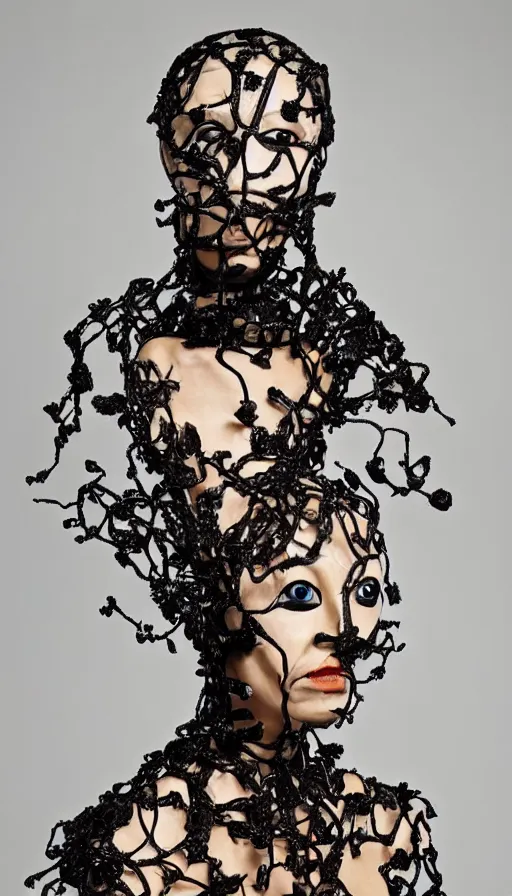 Image similar to a woman with a plastic mask on her face, a surrealist sculpture by alexander mcqueen, trending on pinterest, plasticien, biomorphic, made of plastic