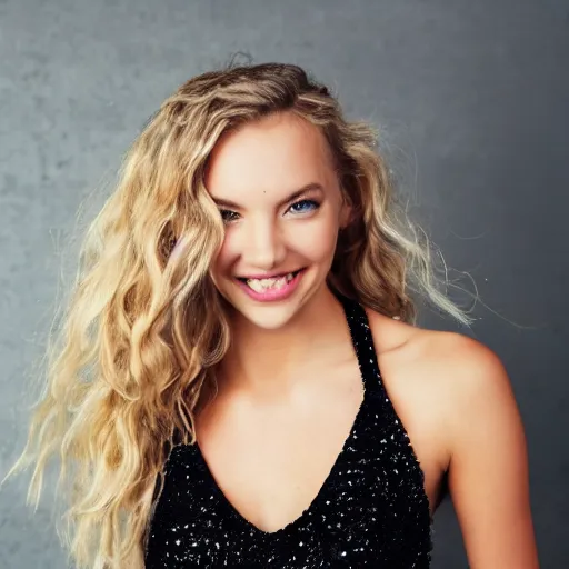 Prompt: studio photo of a young beautiful female supermodel, black wrapped halter crop top, sequin shorts, green eyes, wavy blonde hair, slight flirtatious smile