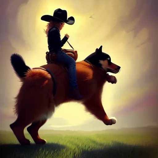 Image similar to fluffy cat in cowboy hat like a tiny girl riding on the back of a giant corgi by greg rutkowski