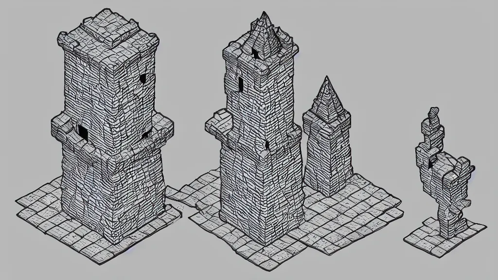 Prompt: isometric view of a wizard tower that's surrounded by rocks and mountains, lineart