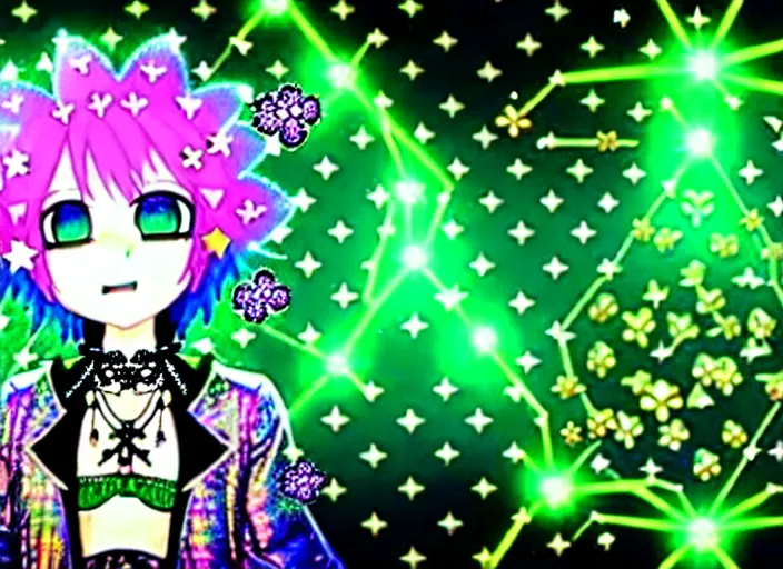 Image similar to baroque bedazzled gothic royalty frames surrounding a hologram of decora styled green haired yotsuba koiwai wearing a gothic spiked jacket, background full of lucky clovers, crosses, and shinning star doodles, holography, irridescent