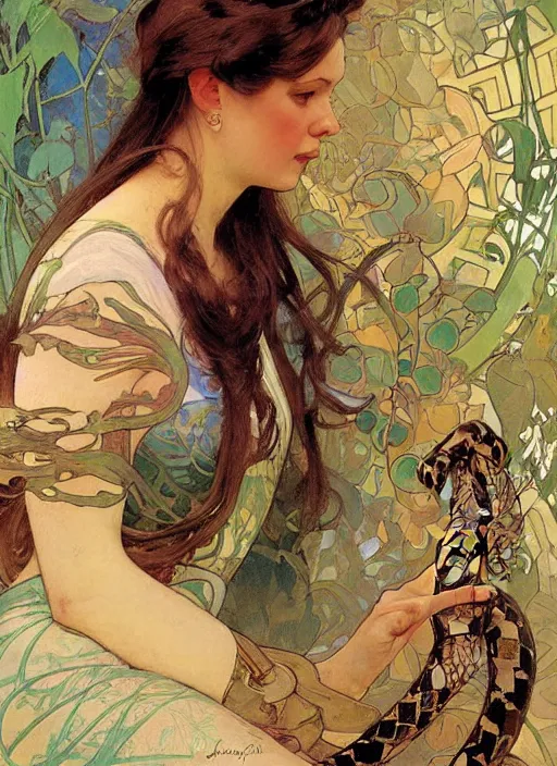 Prompt: an art nouveau copic maker portrait of a woman with a snake by john berkey by stanley artgerm lau, alphonse mucha, loish, norman rockwell