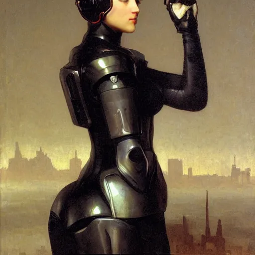 Image similar to painting of a fully - clothed cyberpunk android by william bouguereau, fully clothed in futuristic armor, safe for work, high resolution